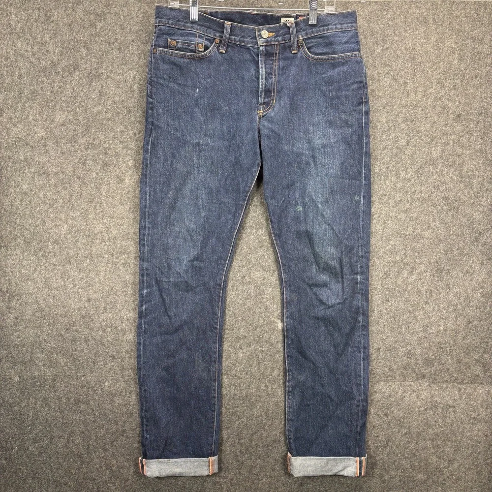 Jean Shop Bowie Slim Selvedge Jeans Men 32L Blue Button Fly White Oak Cone Denim
